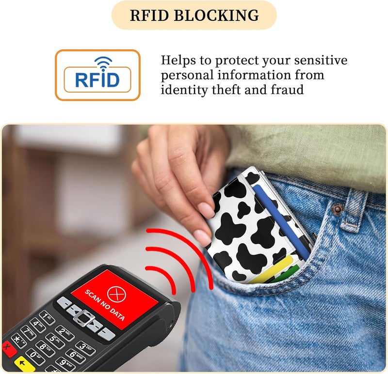 Hancynir Slim Wallet Women Credit Card Holder Cow RFID Blocking Small Mini Card Wallets Cute Front Pocket PU Leather Card Case Thin Travel Zipper Coin Cash Ladies Female Wallet Gifts Black and White - Image 5